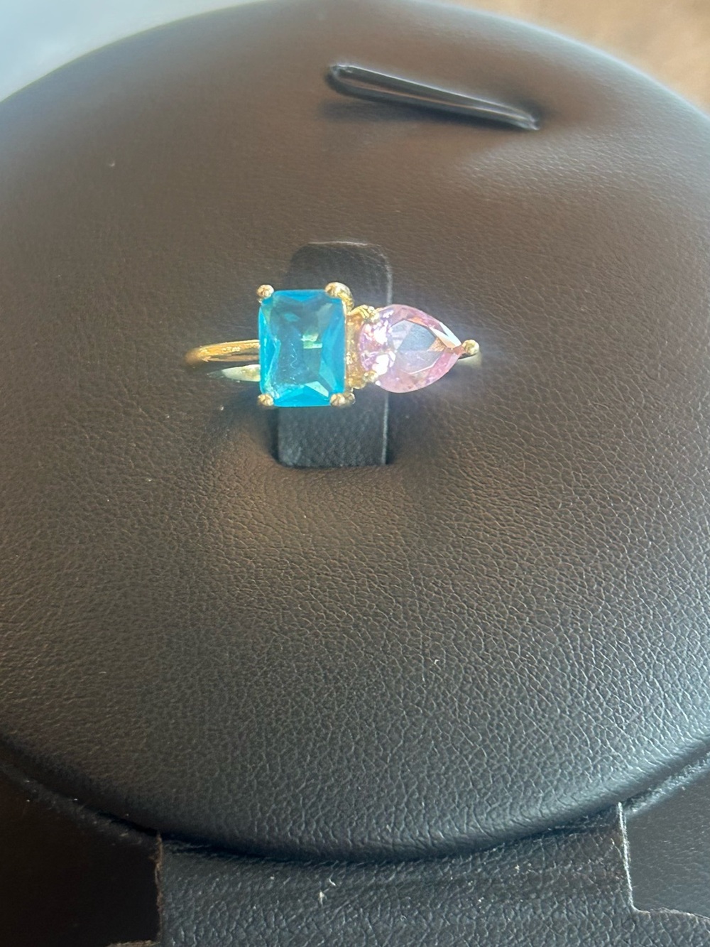 Gold Tone Adjustable Ring with Blue Emerald-Cut and Pink Teardrop Stones